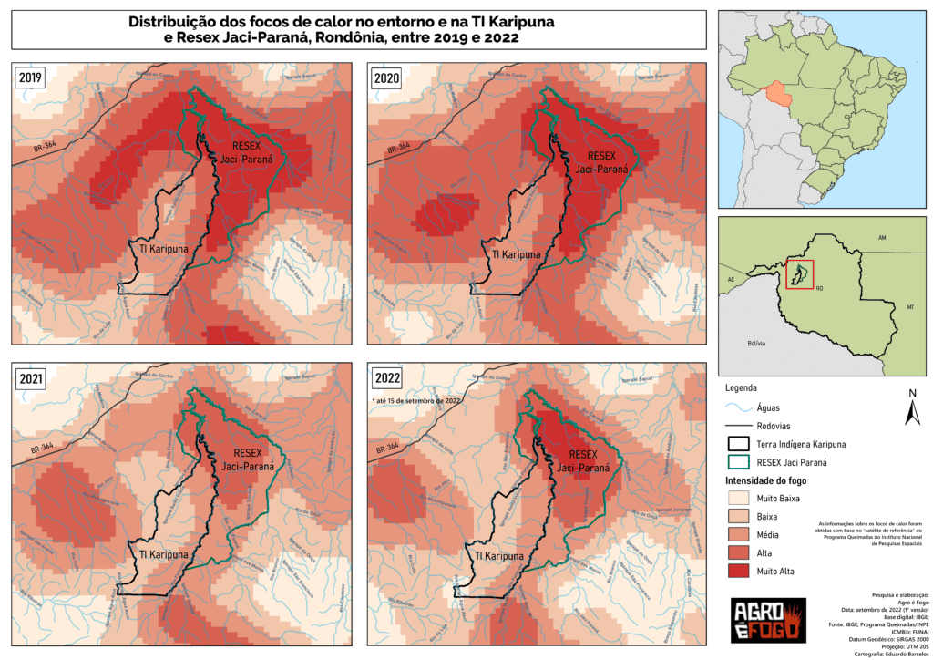 Distribuição dos focos de calor no entorno e na TI Karipuna e Resex Jaci-Paraná, Rondônia, entre 2019 e 2022