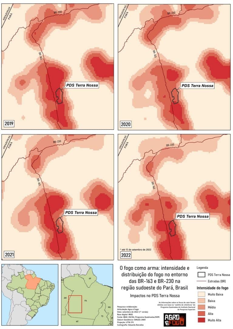 Intensidade e distribuição do fogo no entorno das BR-163 e BR230 na região sudoeste do Pará, entre 2019 e 2022.